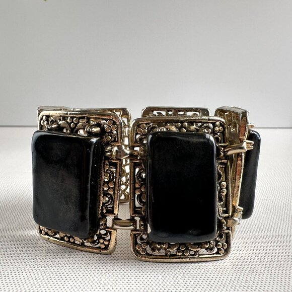 1960s Black Glazed Ceramic Filigree Panel Bracelet - Picture 9 of 10